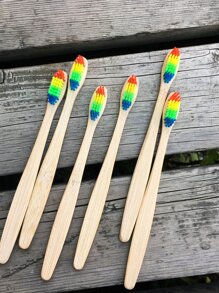 1pc Wooden Handle Toothbrush, Rainbow Stripe Head Toothbrush For Household - Multicolor - View 4