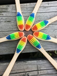 1pc Wooden Handle Toothbrush, Rainbow Stripe Head Toothbrush For Household - Multicolor - View 5