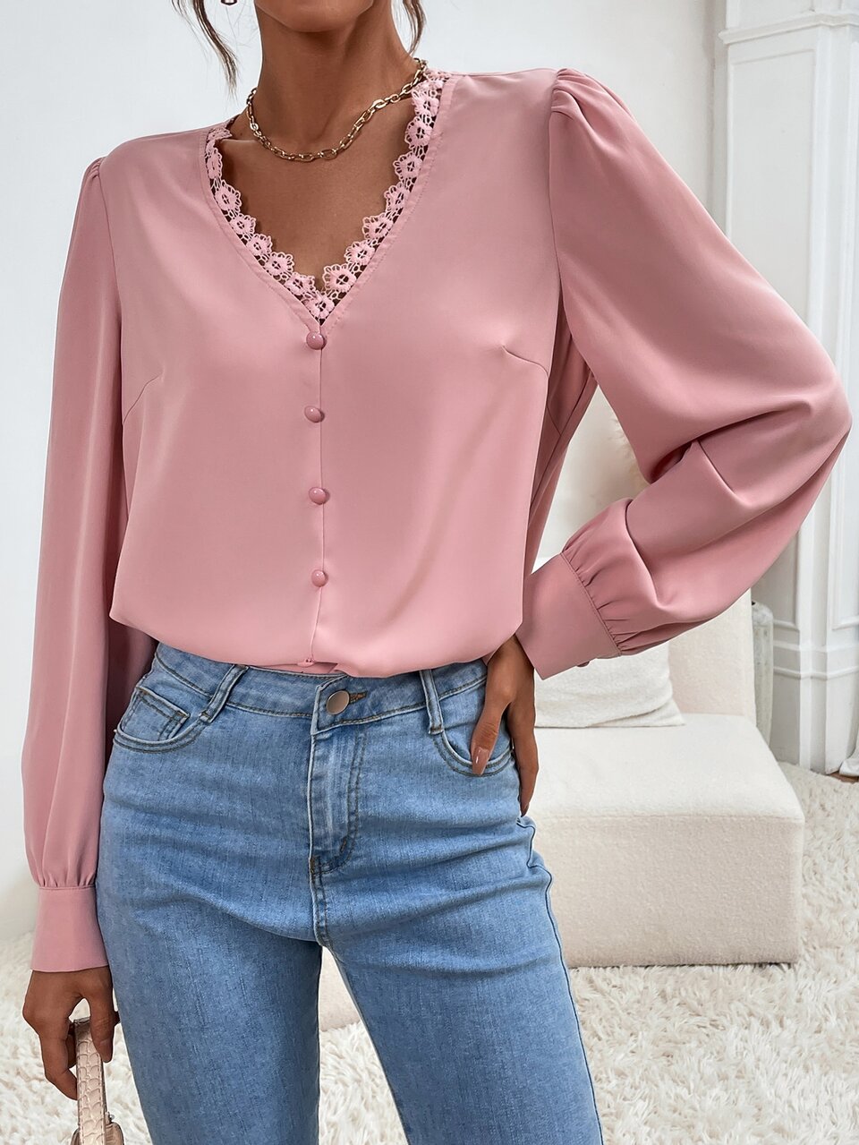Guipure Lace Trim Puff Sleeve Blouse