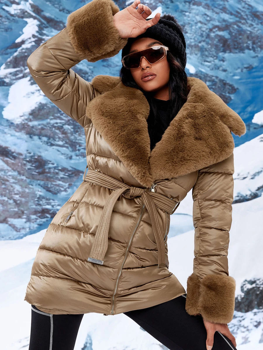 Zip Pocket Contrast Teddy Borg Collar Belted Padded Padded Coat Clothes Winter - Camel - View 1