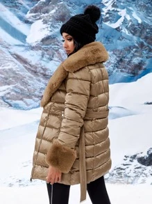 Zip Pocket Contrast Teddy Borg Collar Belted Padded Padded Coat Clothes Winter - Camel - View 2