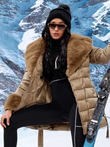 Zip Pocket Contrast Teddy Borg Collar Belted Padded Padded Coat Clothes Winter - Camel - View 3