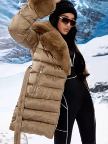 Zip Pocket Contrast Teddy Borg Collar Belted Padded Padded Coat Clothes Winter - Camel - View 4