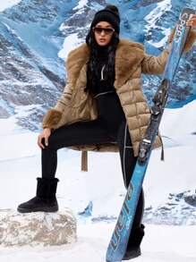 Zip Pocket Contrast Teddy Borg Collar Belted Padded Padded Coat Clothes Winter - Camel - View 5