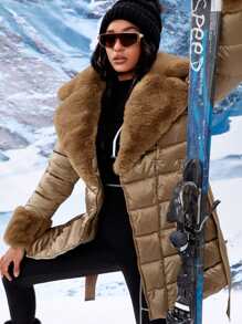 Zip Pocket Contrast Teddy Borg Collar Belted Padded Padded Coat Clothes Winter - Camel - View 6