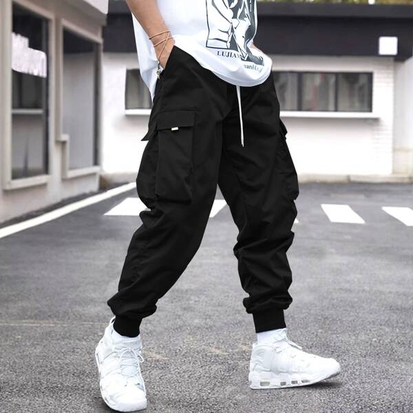 

Men Drawstring Waist Cargo Pants, Black