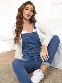 Side Button Skinny Denim Dungaree - Medium Wash - View 3