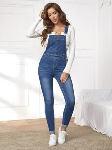 Side Button Skinny Denim Dungaree - Medium Wash - View 5