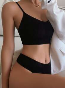 SHEIN Solid Seamless Bra & Panty Lingerie Set - Black - View 4