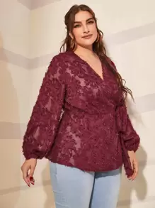 Áo sơ mi Plus Size Thắt nút Trọn gói màu trơn Thanh lịch - Màu Đỏ Sâu - Xem 1