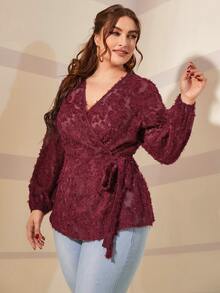 Áo sơ mi Plus Size Thắt nút Trọn gói màu trơn Thanh lịch - Màu Đỏ Sâu - Xem 4