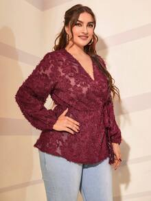 Áo sơ mi Plus Size Thắt nút Trọn gói màu trơn Thanh lịch - Màu Đỏ Sâu - Xem 5