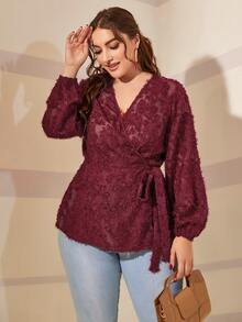 Áo sơ mi Plus Size Thắt nút Trọn gói màu trơn Thanh lịch - Màu Đỏ Sâu - Xem 6