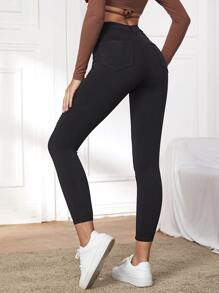 SHEIN Essnce 女士時尚休閒純色修身破洞長褲 - 黑色 - 查看 2