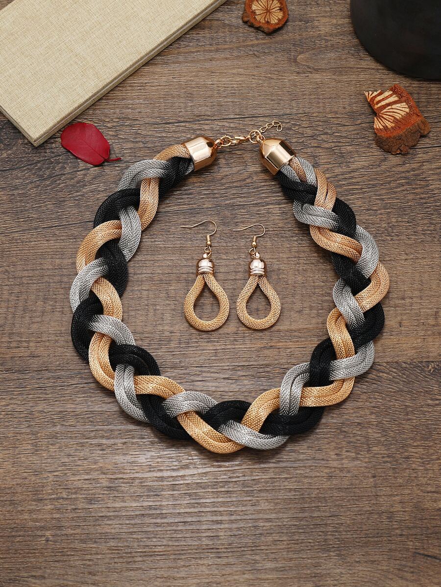 EMERY ROSE de color combinado trenzado Collar & Pendientes - Multicolor - Ver 1