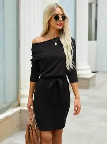 Solid Belted Fitted Dress - Black - View 1