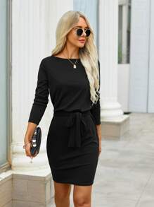 Solid Belted Fitted Dress - Black - View 3