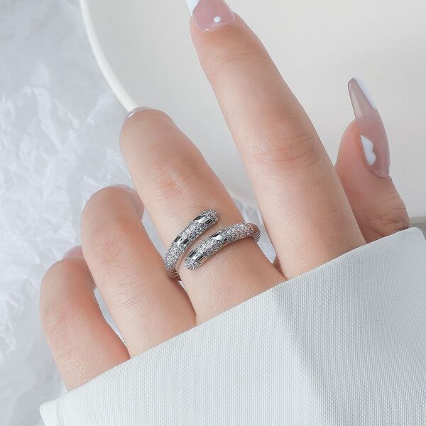 

Zircon Decor Cuff Ring, Silver