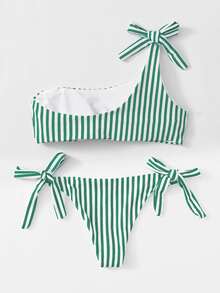 Striped Knot One Shoulder Bikini Set, For Summer Beach Vacation - Green - View 2