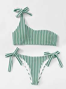 Striped Knot One Shoulder Bikini Set, For Summer Beach Vacation - Green - View 3