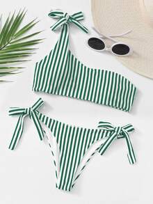 Striped Knot One Shoulder Bikini Set, For Summer Beach Vacation - Green - View 4