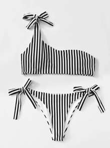 Striped Knot One Shoulder Bikini Set, For Summer Beach Vacation - Black and White - View 3