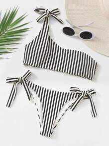 Striped Knot One Shoulder Bikini Set, For Summer Beach Vacation - Black and White - View 4
