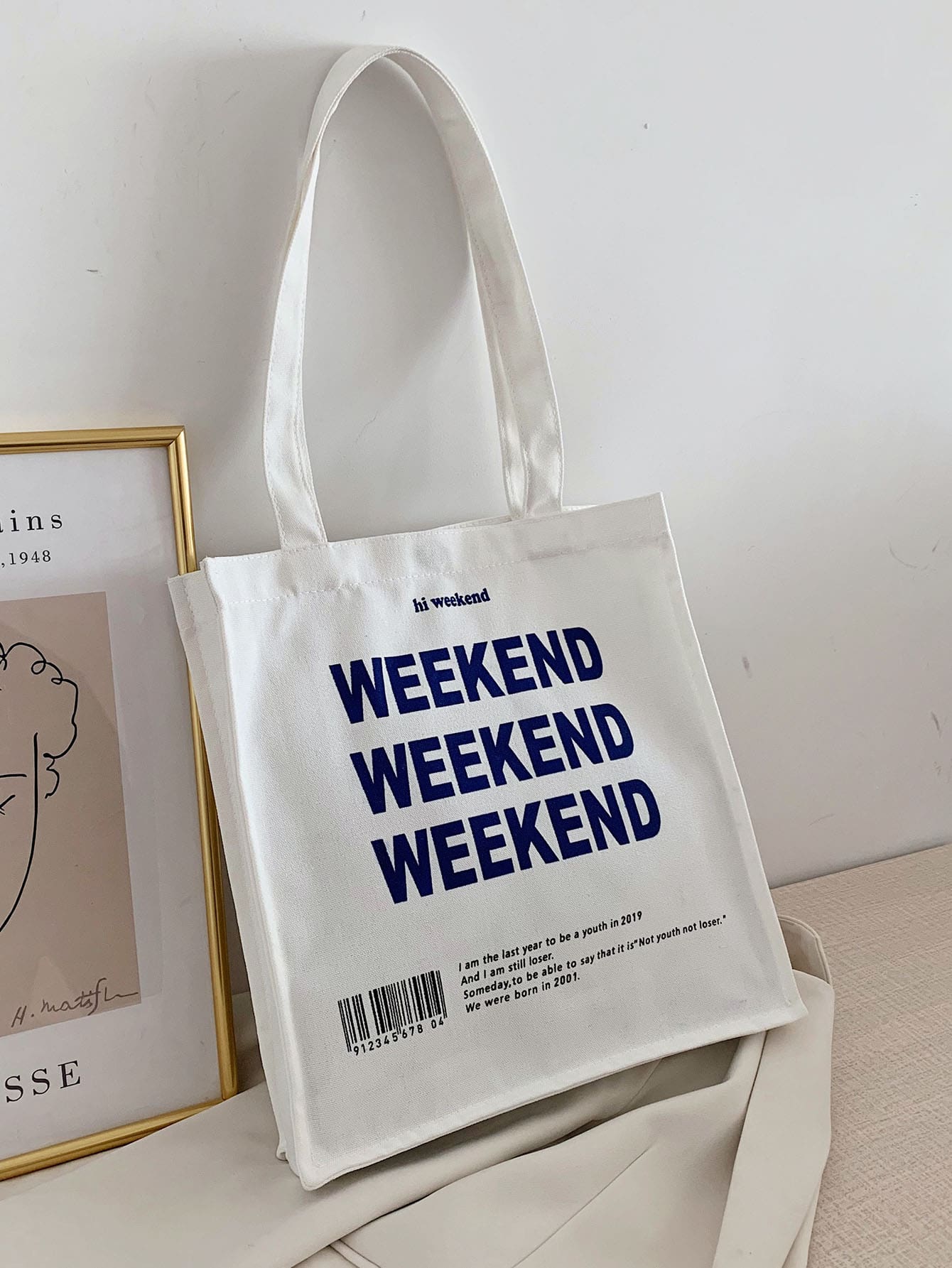 Letter Graphic Canvas Shopper Bag