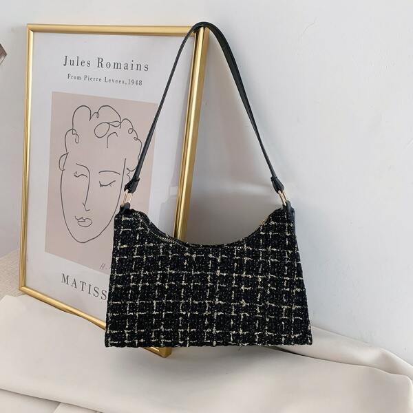 

Plaid Pattern Baguette Bag, Black