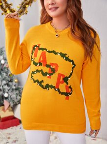 SHEIN Unity Plus Drop Shoulder Letter Pattern Sweater - Mustard Yellow - View 1