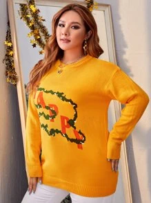SHEIN Unity Plus Drop Shoulder Letter Pattern Sweater - Mustard Yellow - View 3