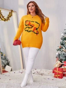 SHEIN Unity Plus Drop Shoulder Letter Pattern Sweater - Mustard Yellow - View 4