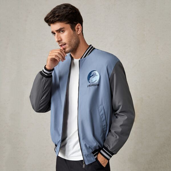 

Men Chinese Dragon & Letter Embroidery Color Block Bomber Jacket, Dusty blue