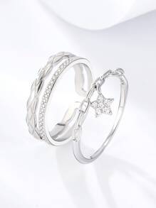 2件套精致锆石星星吊坠及纹理开口戒指套装，精致银色可叠戴手镯戒指，时尚首饰，女士礼物 - 銀色 - 查看 2