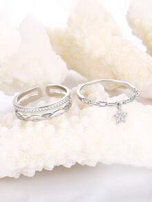 2件套精致锆石星星吊坠及纹理开口戒指套装，精致银色可叠戴手镯戒指，时尚首饰，女士礼物 - 銀色 - 查看 3