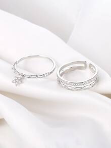 2件套精致锆石星星吊坠及纹理开口戒指套装，精致银色可叠戴手镯戒指，时尚首饰，女士礼物 - 銀色 - 查看 4