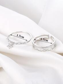 2件套精致锆石星星吊坠及纹理开口戒指套装，精致银色可叠戴手镯戒指，时尚首饰，女士礼物 - 銀色 - 查看 5