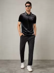 GENTILAND 男士閃電刺繡條紋圖案邊絲絨POLO衫 - 黑色 - 查看 3