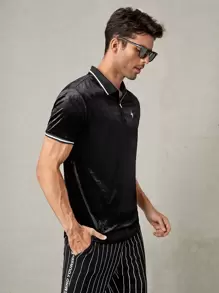 GENTILAND 男士閃電刺繡條紋圖案邊絲絨POLO衫 - 黑色 - 查看 5