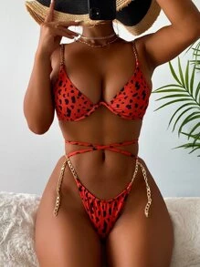 Allover Print Chain Linked Lace Up Bikini Set, For Summer Beach Vacation - Red - View 1
