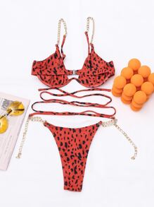 Allover Print Chain Linked Lace Up Bikini Set, For Summer Beach Vacation - Red - View 2