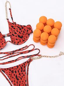 Allover Print Chain Linked Lace Up Bikini Set, For Summer Beach Vacation - Red - View 3