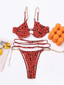 Allover Print Chain Linked Lace Up Bikini Set, For Summer Beach Vacation - Red - View 4