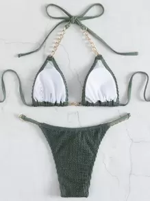 SHEIN Swim Summer Beach Textured Bikini Set Chain Linked Halter Micro Triangle Bra & Thong Bottom 2 Piece Bathing Suit - Army Green - View 2