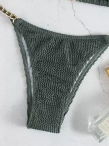 SHEIN Swim Summer Beach Textured Bikini Set Chain Linked Halter Micro Triangle Bra & Thong Bottom 2 Piece Bathing Suit - Army Green - View 4