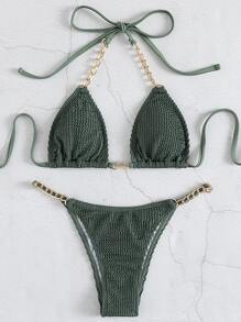 SHEIN Swim Summer Beach Textured Bikini Set Chain Linked Halter Micro Triangle Bra & Thong Bottom 2 Piece Bathing Suit - Army Green - View 5