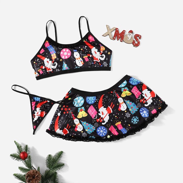 

3pack Plus Christmas Print Lingerie Set & Skirt, Multicolor