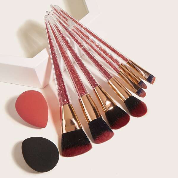 

7pcs Rhinestone Decor Handle Makeup Brush & 2pcs Makeup Sponge, Multicolor