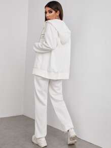SHEIN EZwear Letter Graphic Zip Up Drop Shoulder Drawstring Hoodie & Tank Top & Joggers - White - View 2