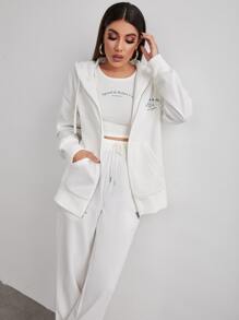SHEIN EZwear Letter Graphic Zip Up Drop Shoulder Drawstring Hoodie & Tank Top & Joggers - White - View 4
